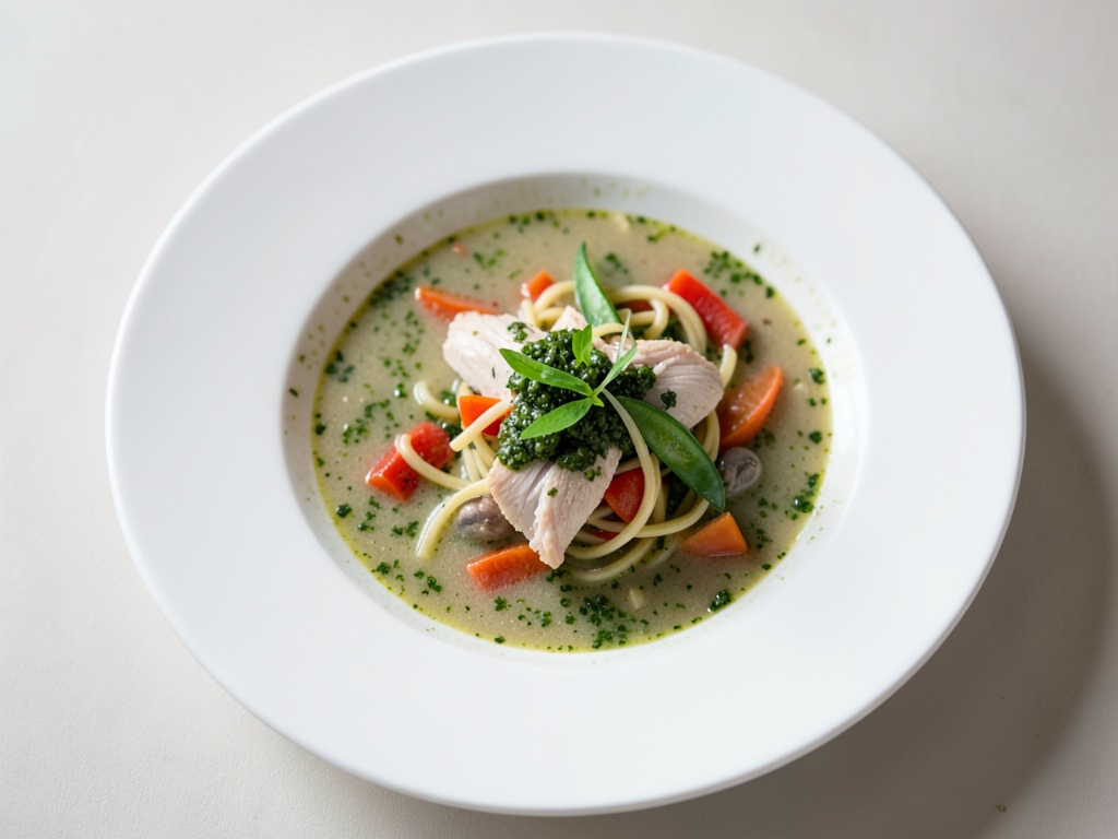Hühnersuppe mit Gemüse, Nudeln und grünem Pesto