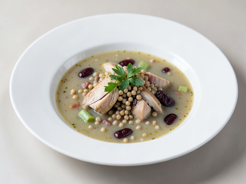 Zuppa di pollo saporita con orzo, prugne e porro