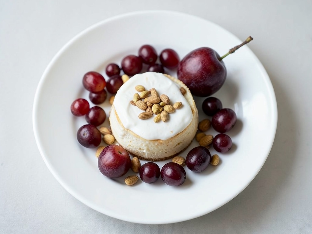 Desayuno de requesón con ciruelas y uvas