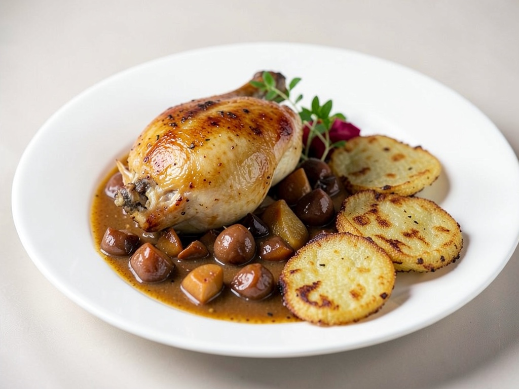 Pollo arrosto con stufato di castagne e mele e patatine fritte croccanti