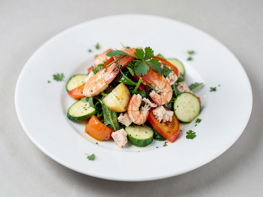 Insalata fresca di code di granchio americano con zucchine e peperoni