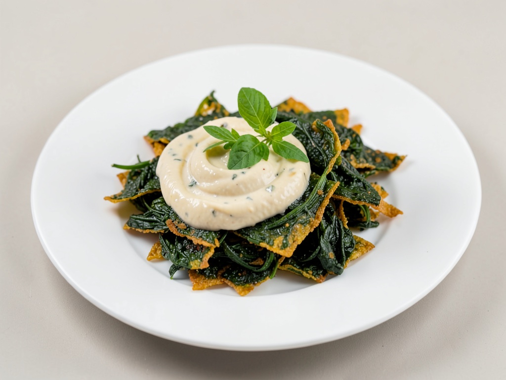 Chips de espinaca crujientes con hummus cremoso