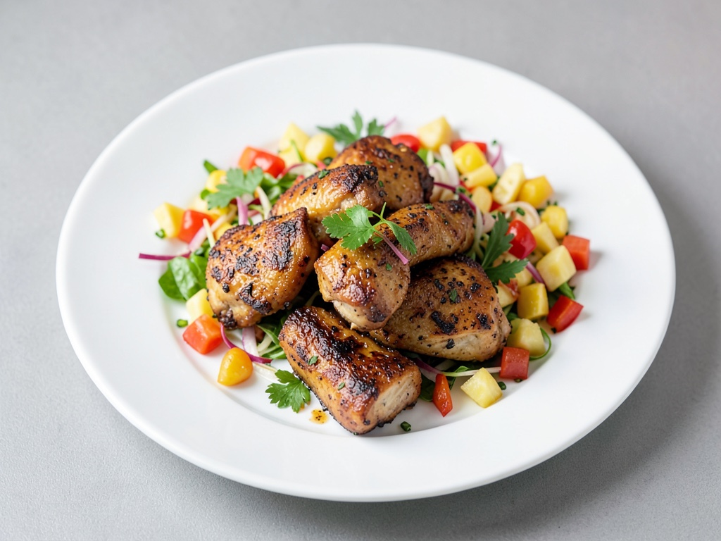 Pezzi di pollo speziati all'indiana con insalata di ananas