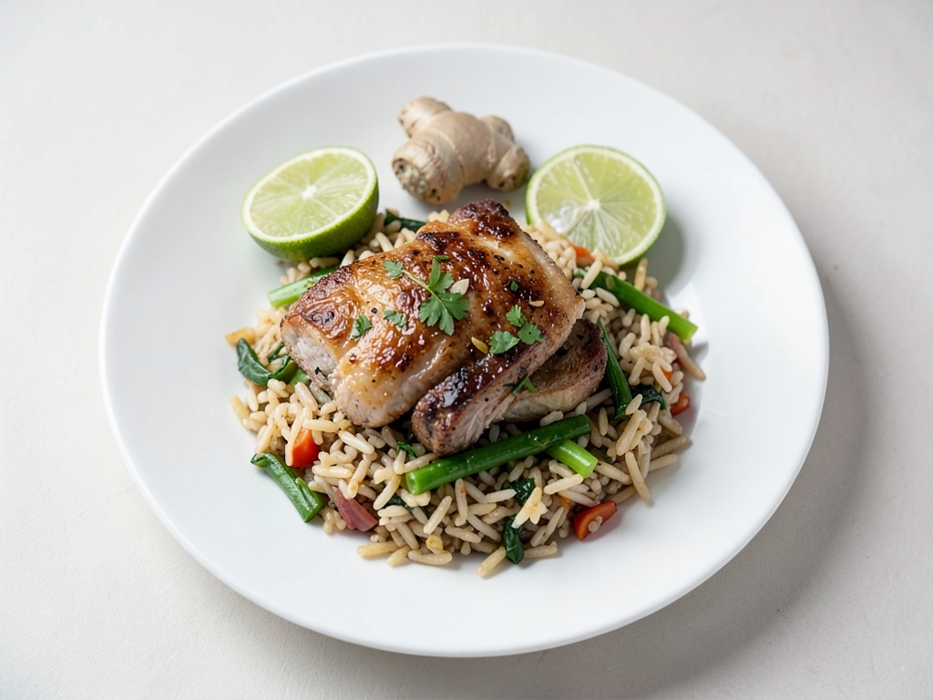 Filetto di pollo all'aroma di zenzero e lime con riso pak choi