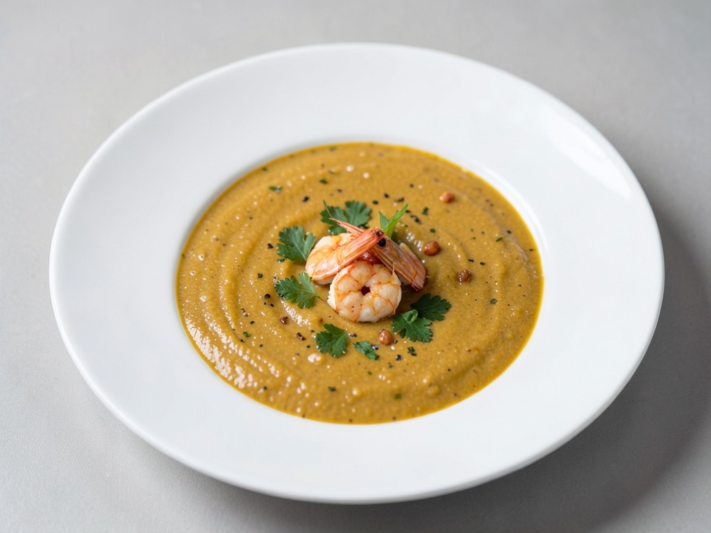 Zuppa cremosa di zenzero e zucca con gamberi
