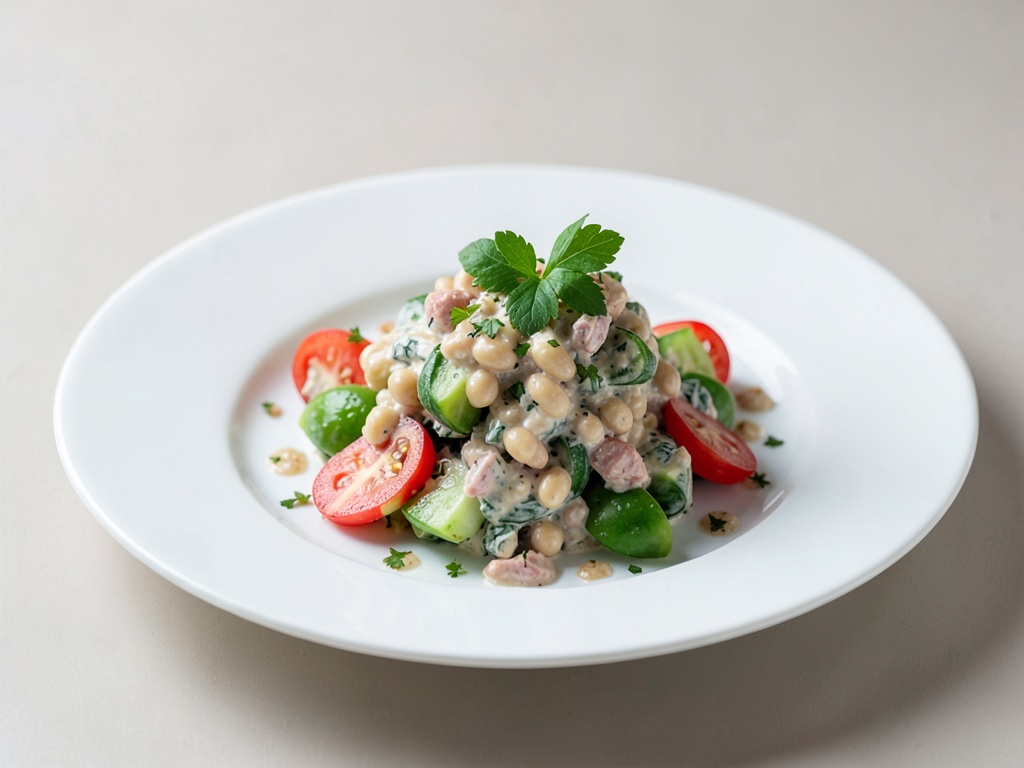 Insalata cremosa di fagioli cannellini e tonno con verdure fresche