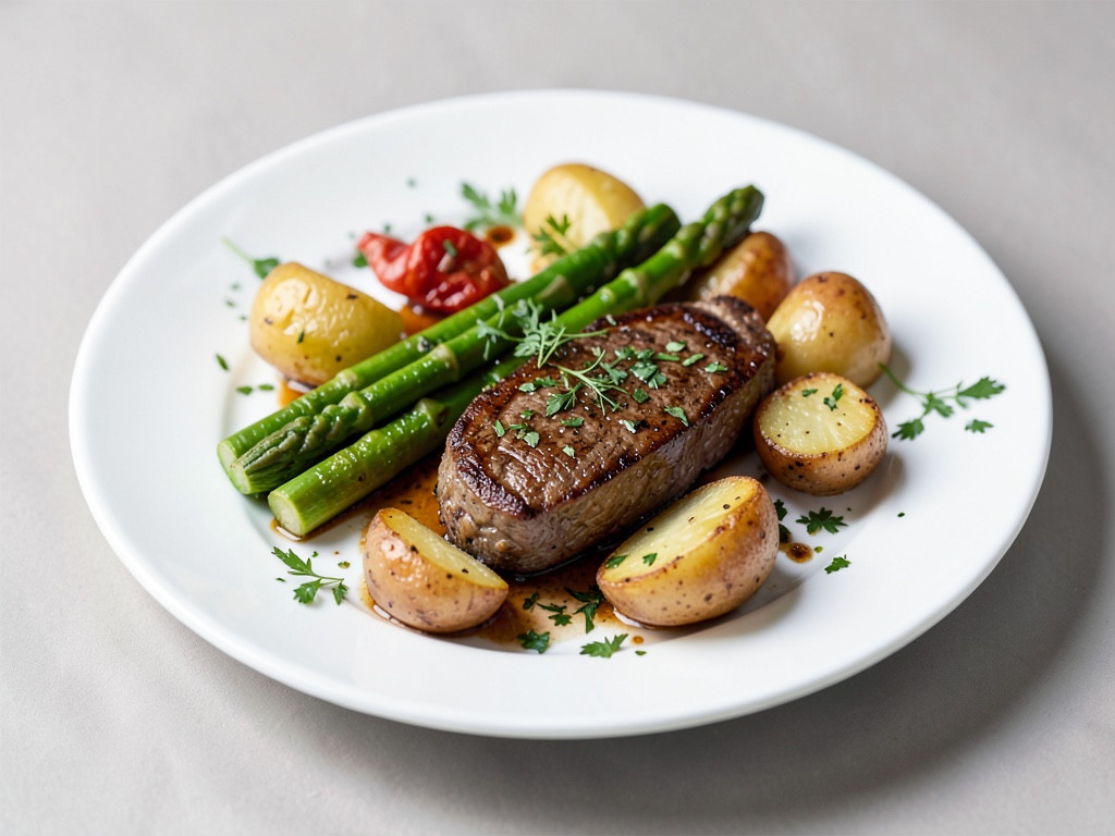 Filetto di manzo alle erbe italiane con asparagi verdi e patate novelle
