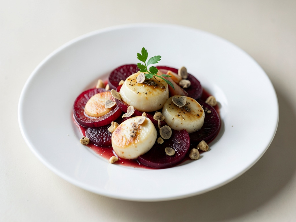 Vellutate scallops su carpaccio di barbabietola rossa al tartufo