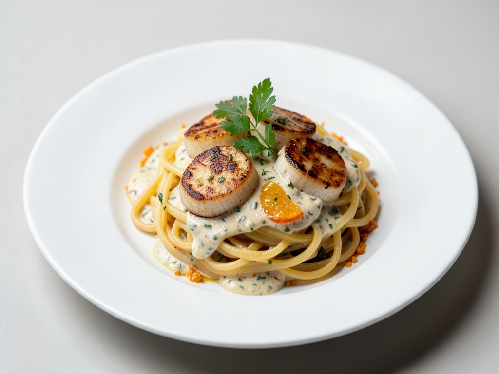 Gebratene Jakobsmuscheln auf Nudeln mit Orangen-Fenchel-Cremesauce