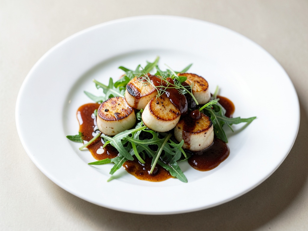 Gamberi di mare saltati su rucola con salsa al balsamico d'arancia