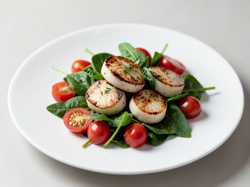 Gamberi di mare saltati su insalata fresca di spinaci e pomodorini