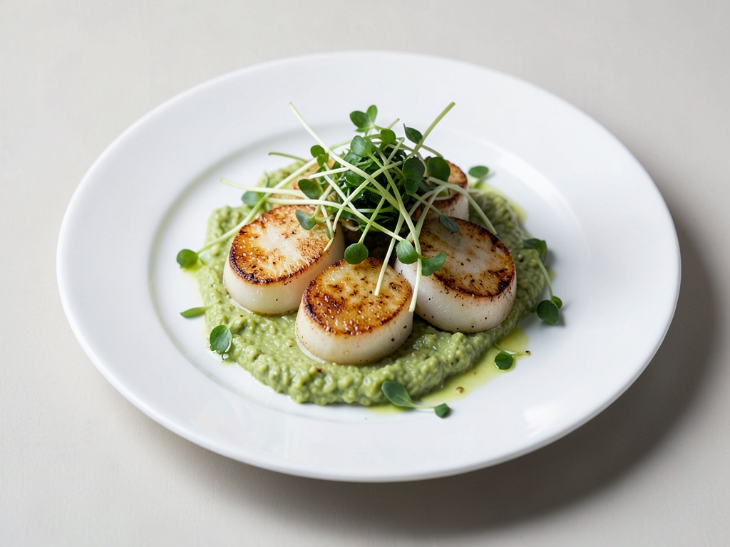 Gamberi di mare saltati con germogli freschi e crema di avocado e wasabi