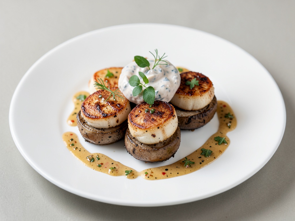 Gamberi di mare saltati su torrette di funghi con dip al tonno e salsa al pepe