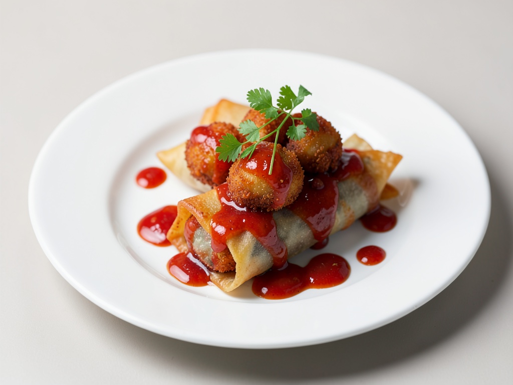Gamberi di mare fritti in croccanti involtini di pasta per wonton con sciroppo di pomodori