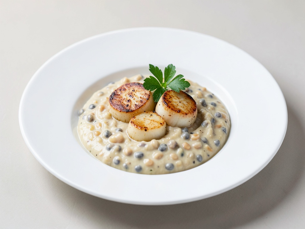 Gamberi di mare fritti con crema di fagioli cremosa