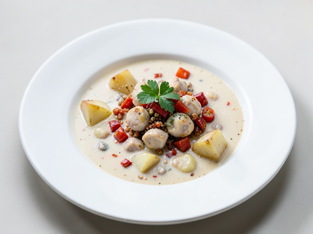 Zuppa cremosa di scaloppi al peperoncino e patate