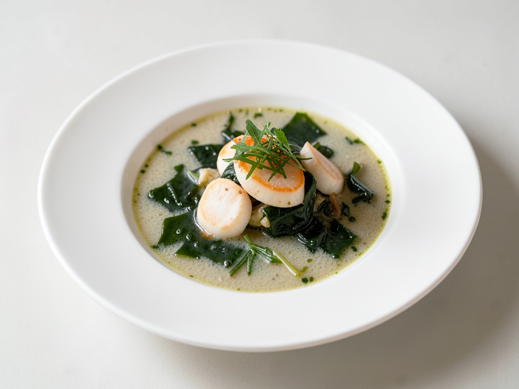Zuppa giapponese leggera di alghe e scaloppine di capesante
