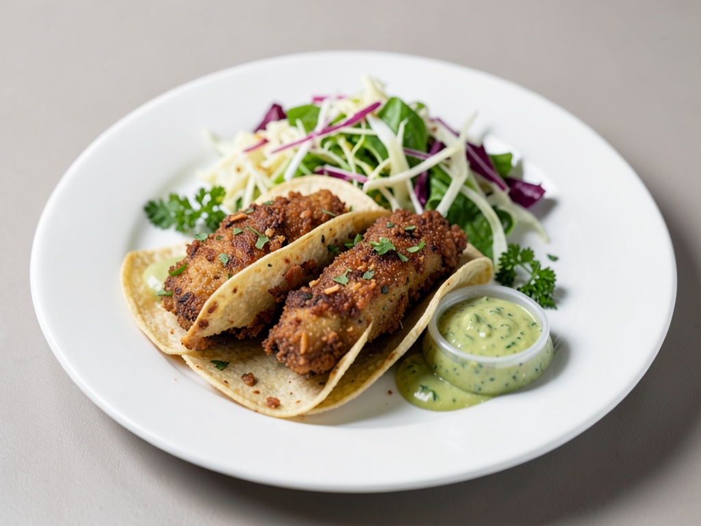 Tacos de pescado estilo jerk con ensalada de col y dip de aguacate