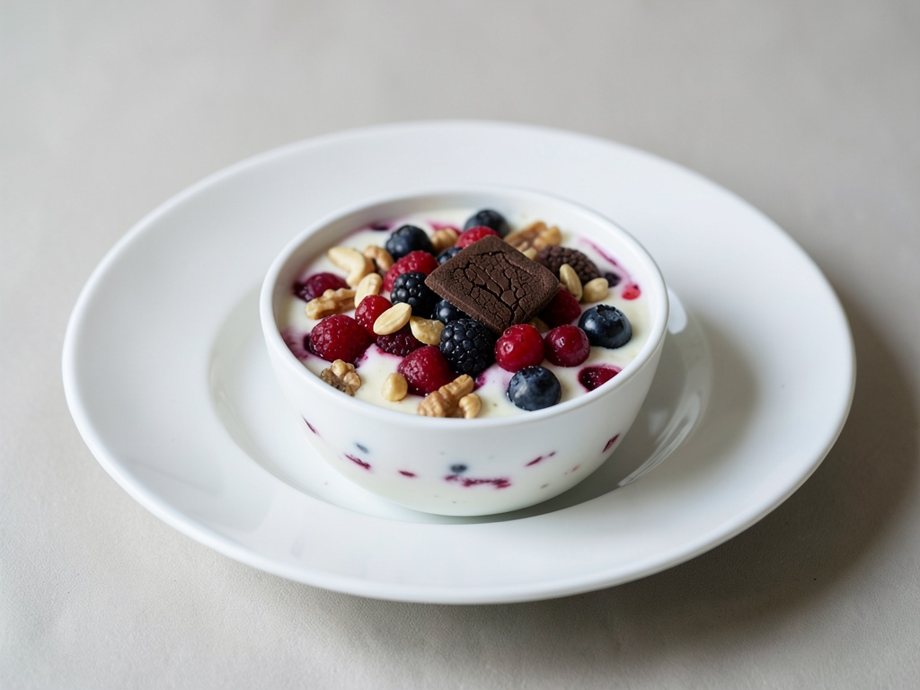 Bowl de yogur colorido con bayas, nueces y chocolate