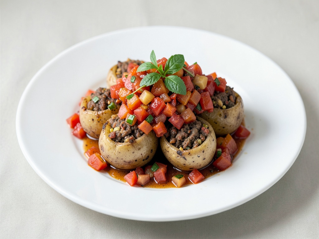 Patate giovani farcite con salsa di peperoni e pomodori