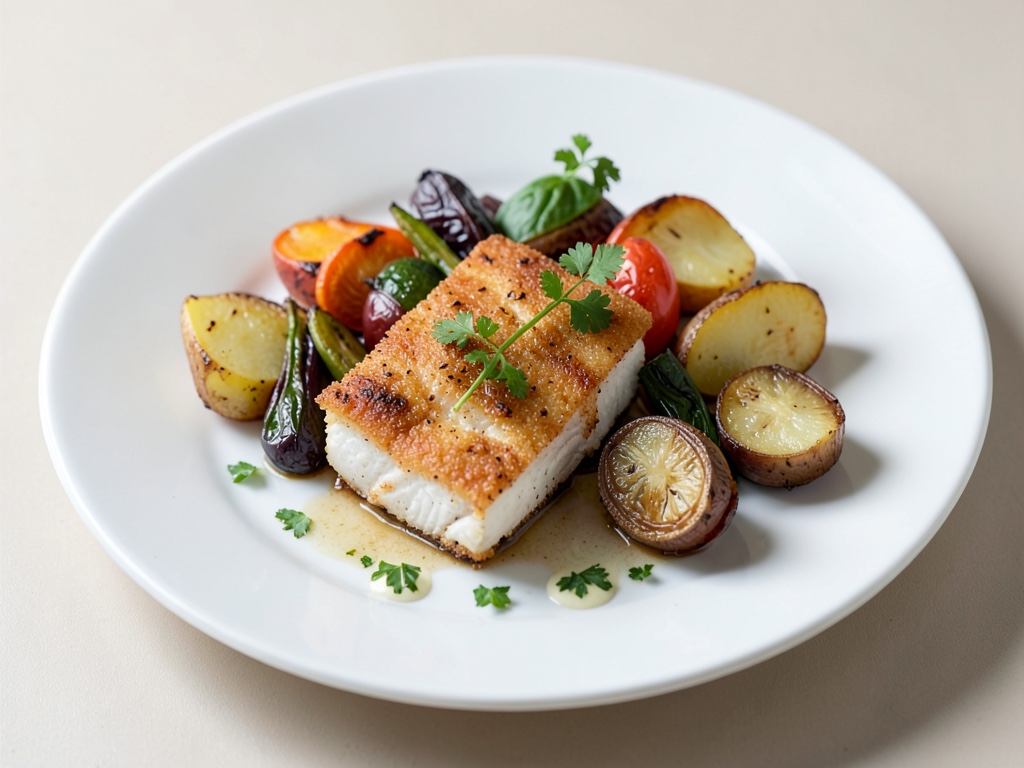 Merluzzo croccante con verdure al forno e patate