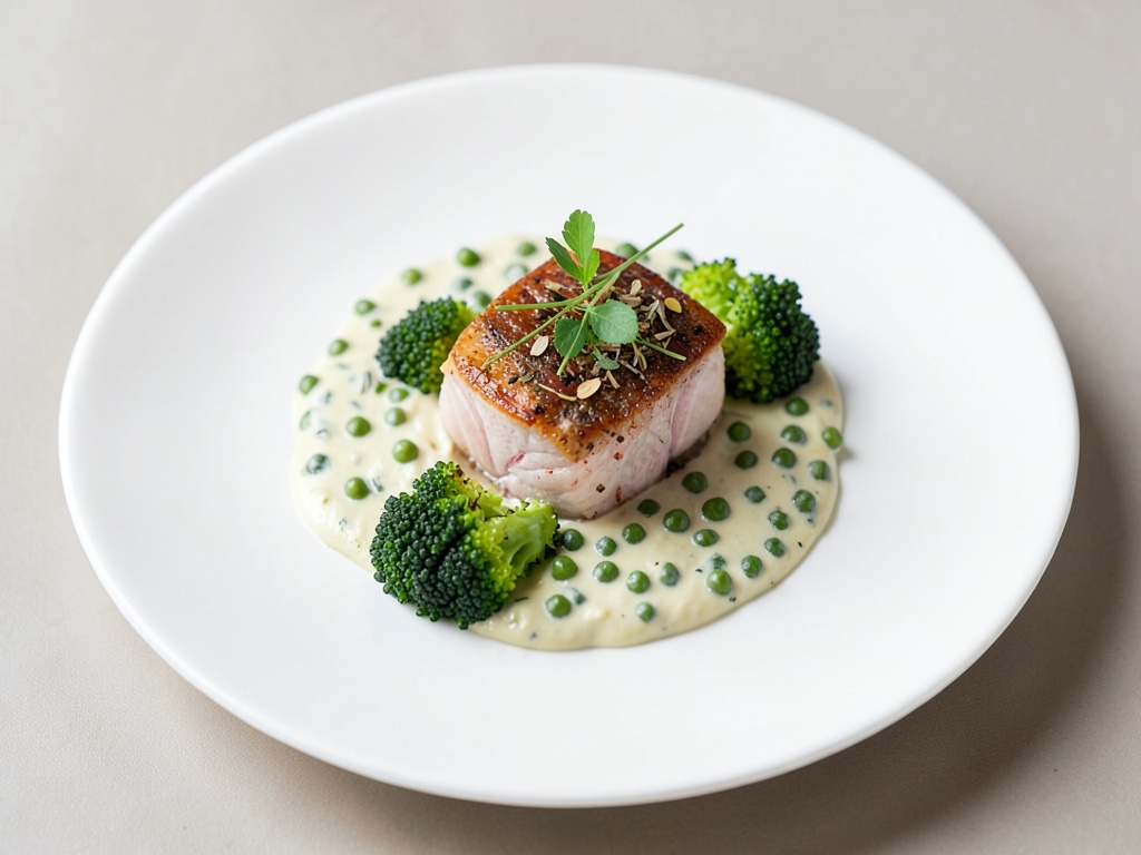 Merluzzo su crema di broccoli e piselli