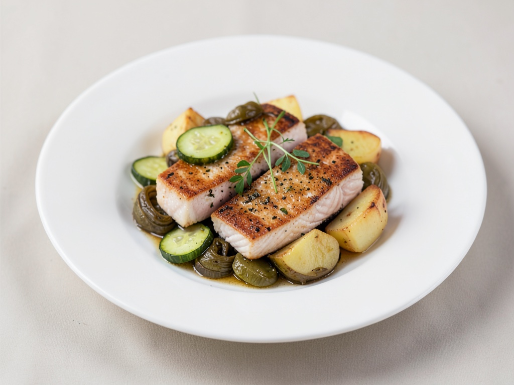 Filetti di merluzzo con cetrioli brasati e patate