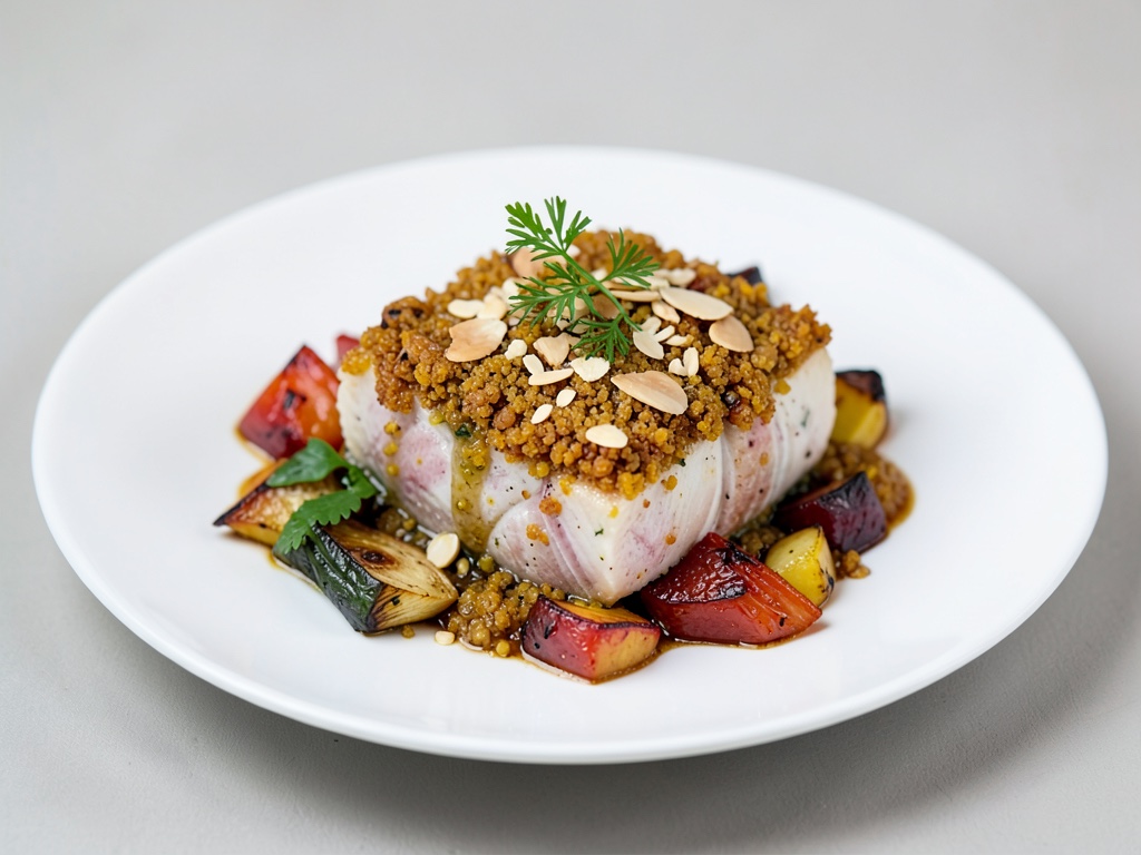 Merluzzo con crosta di senape e mandorle e verdure al forno