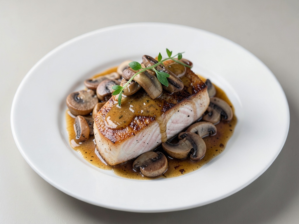 Filetto di merluzzo con funghi champignon e salsa al sidro