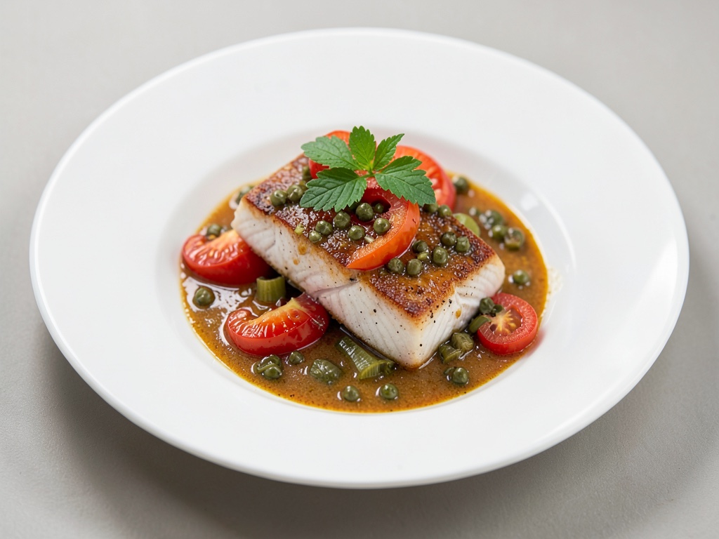 Filetti di merluzzo in salsa di pomodori, porri e capperi