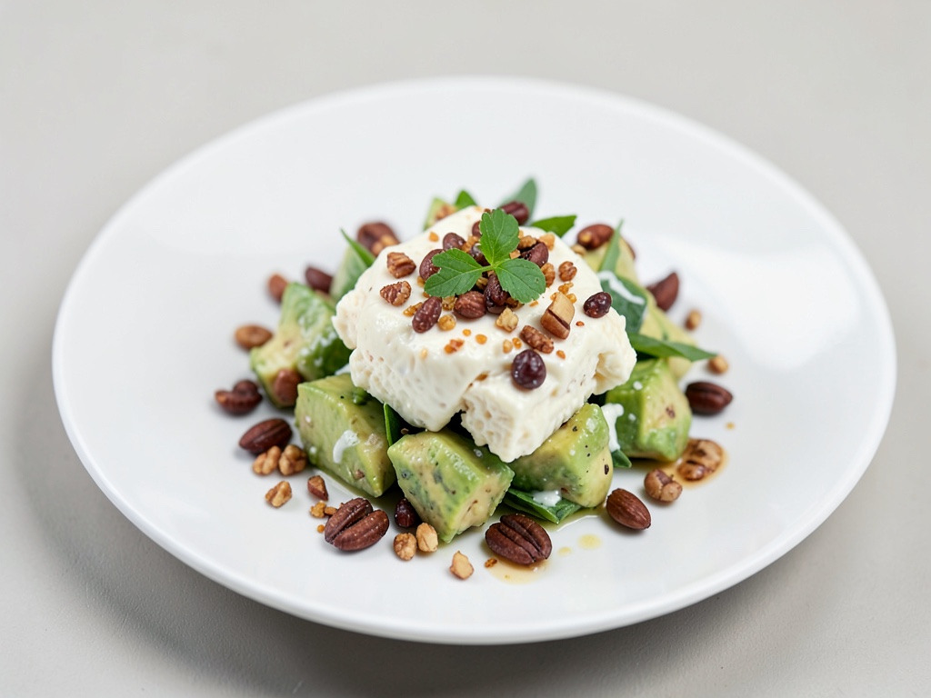 Insalata cremosa di formaggio e avocado con noci di macadamia tostate