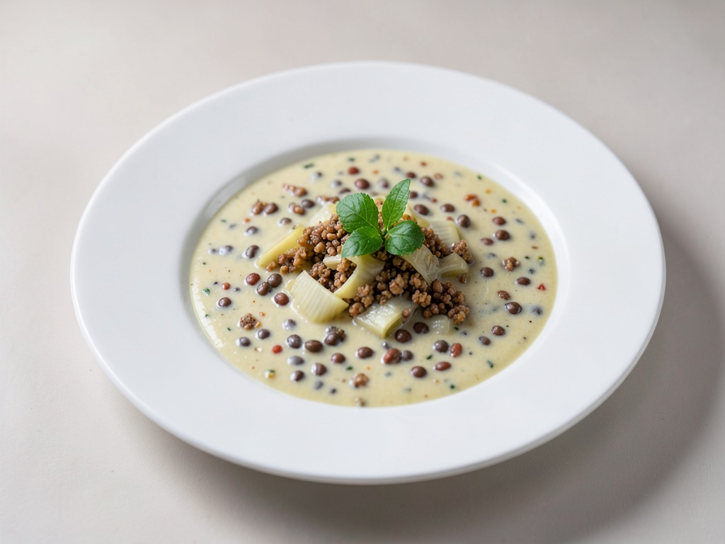 Sopa cremosa de puerro y queso con crujiente de lentejas