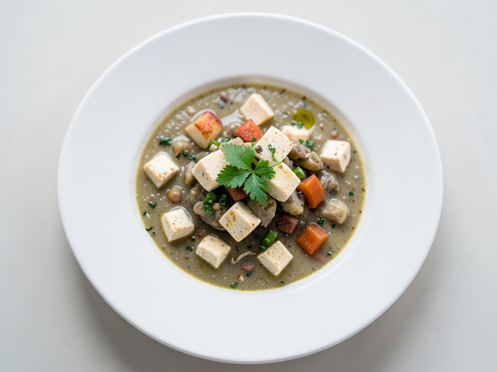 Sopa cremosa de puerro y queso con cubos de tofu marinados