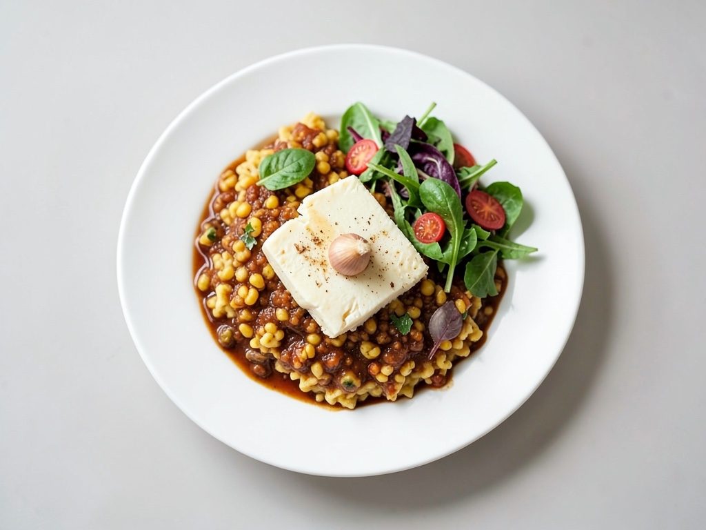 Polenta al formaggio con insalata mediterranea fresca