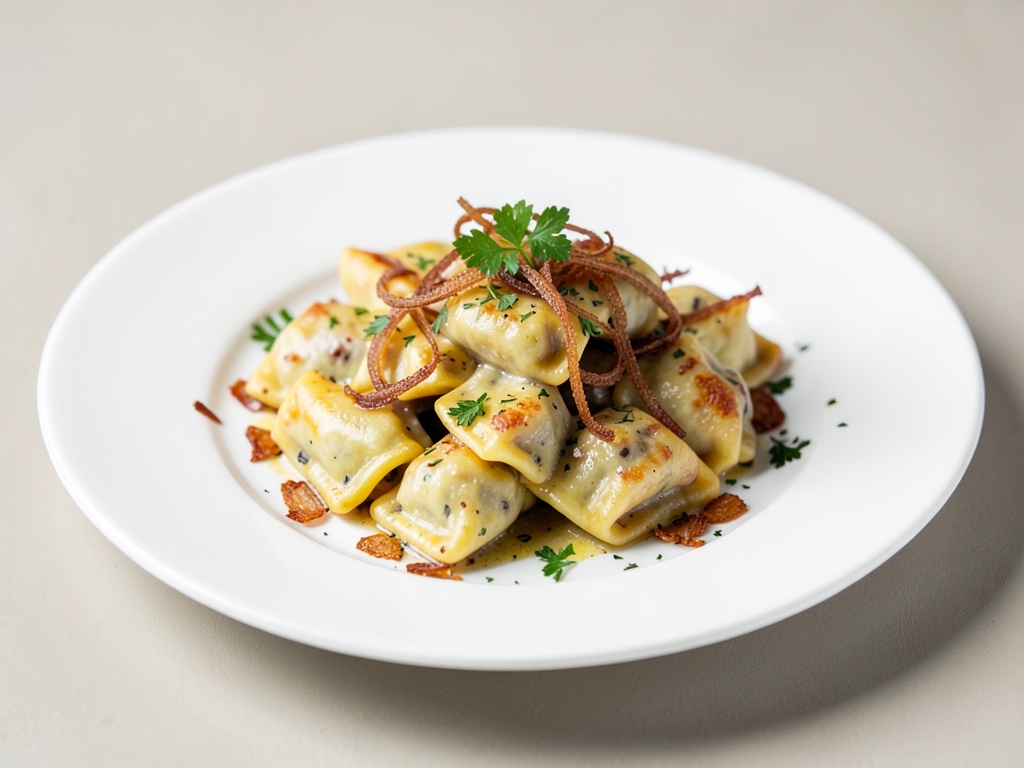 Ravioli de queso caseros con cebollas crujientes