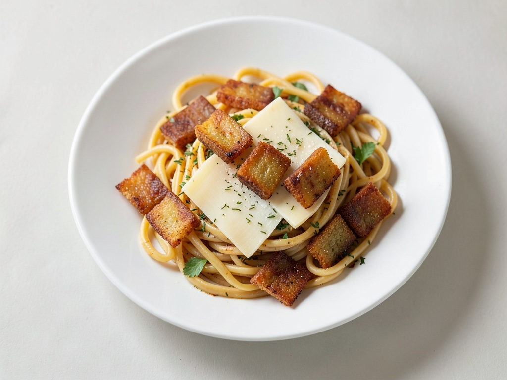 Knusprige Knoblauch-Croutons auf Käse-Spaghettini