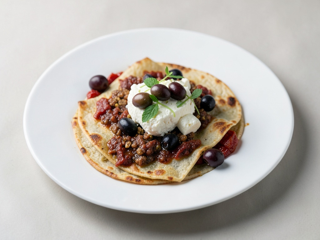 Tortillas al forno con formaggio di capra, olive e peperoncino
