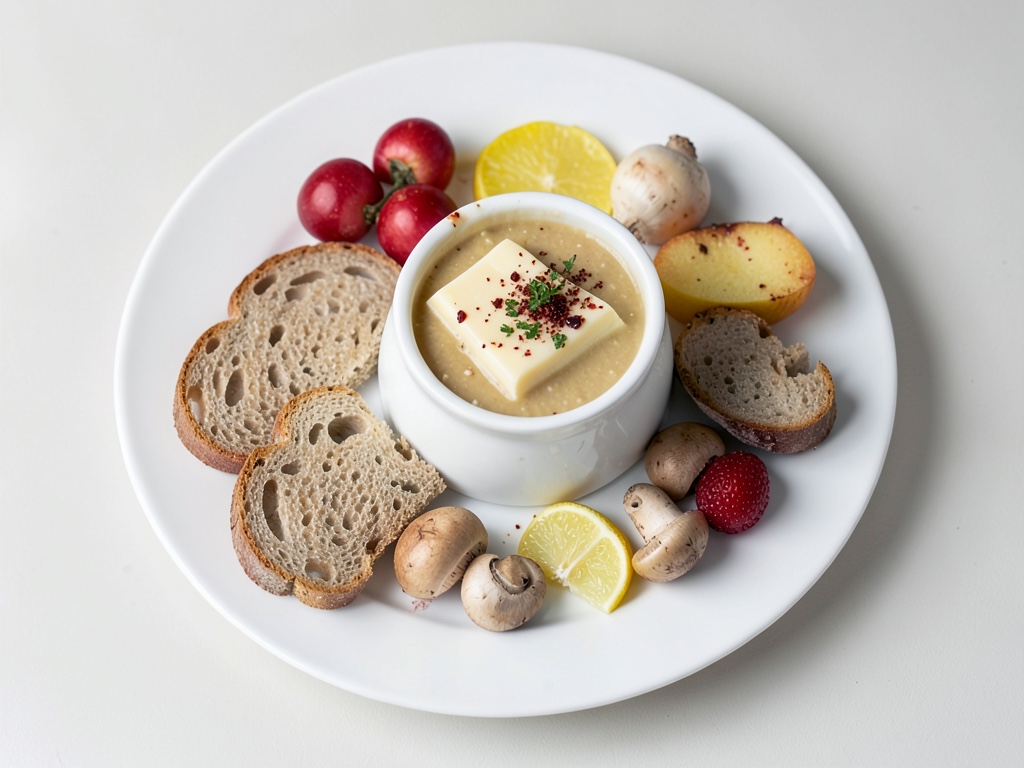Fonduta di formaggio, pane, frutta e funghi
