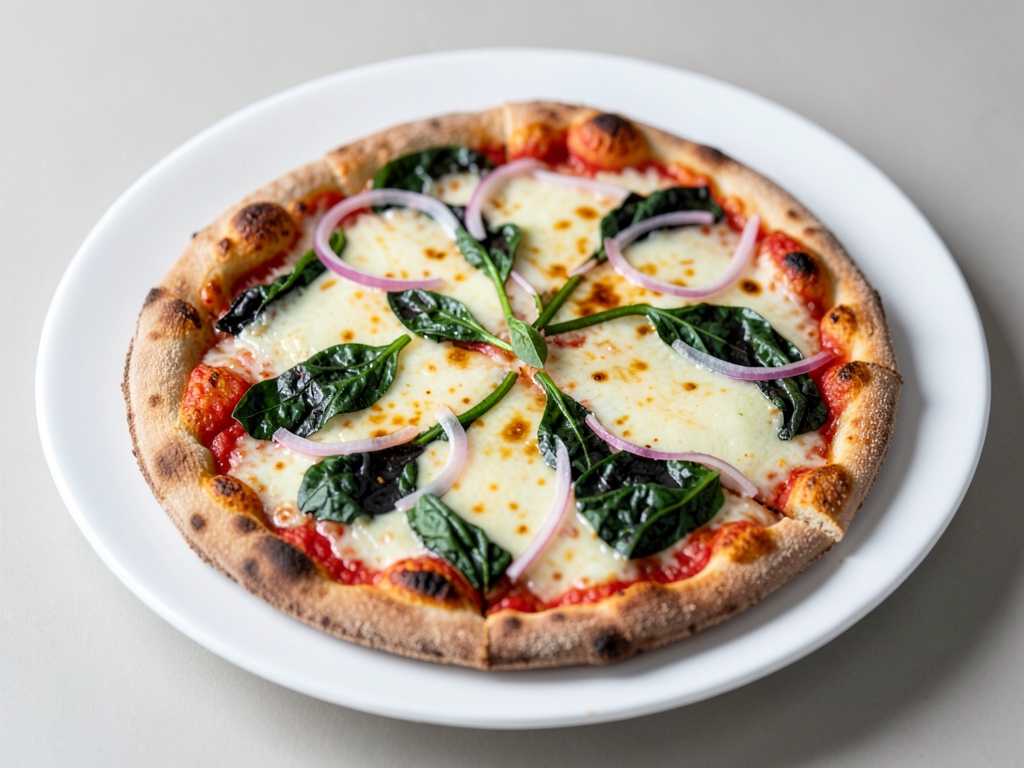 Pizza con formaggio, spinaci e cipolle rosse