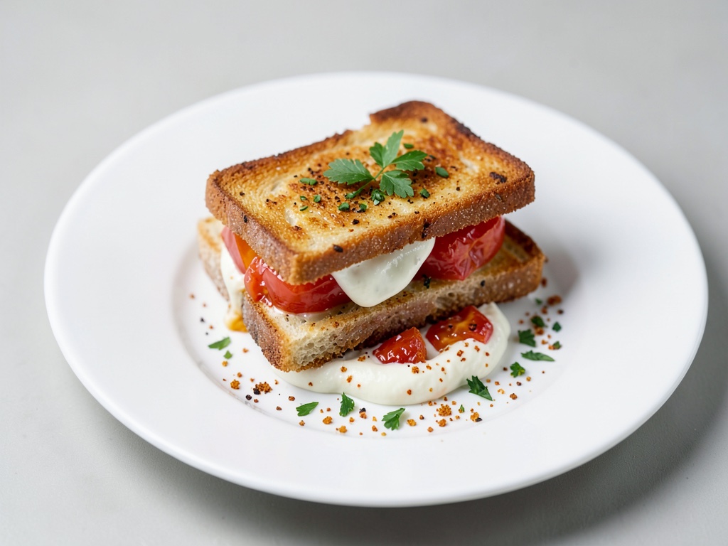 Sandwich croccante al formaggio con crema di peperoni e pomodori