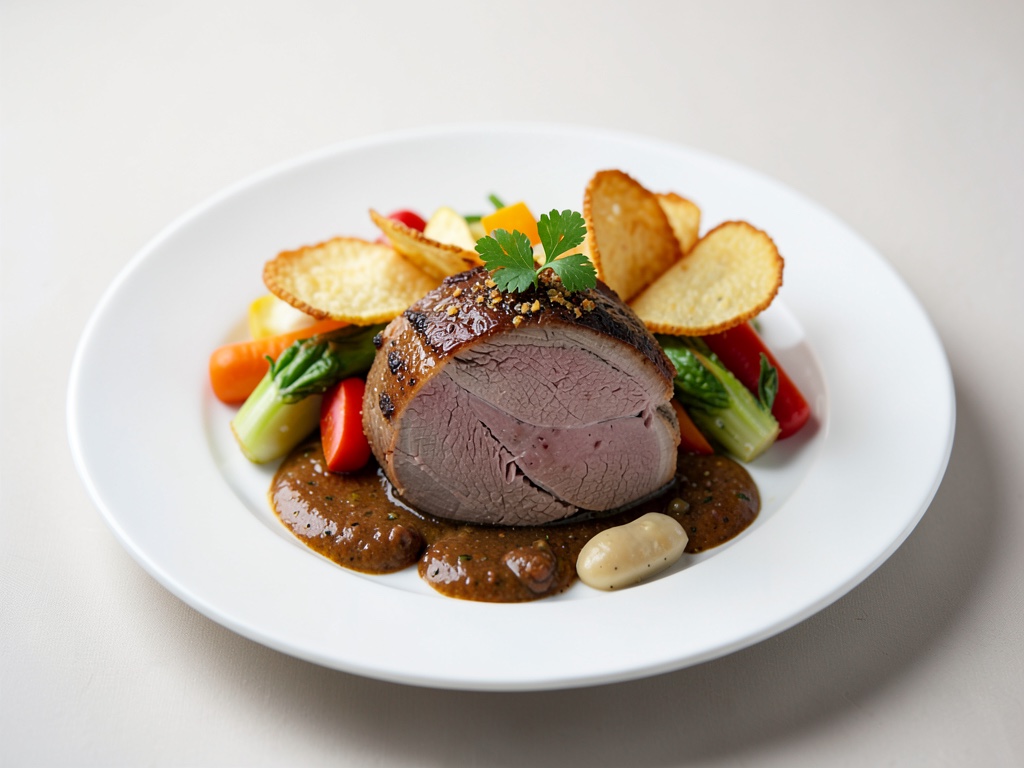 Tenero filetto di vitello con chips croccanti e verdure colorate