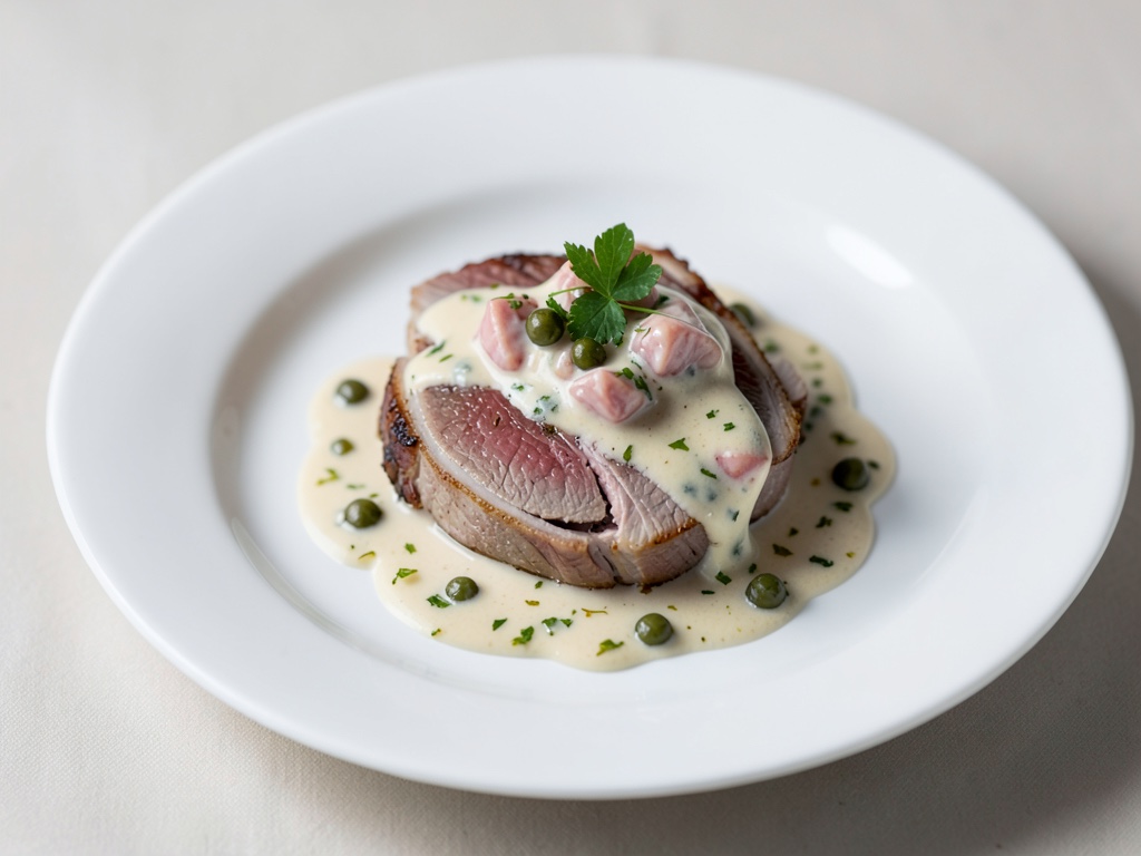 Carne di vitello tenera con salsa cremosa al tonno e capperi