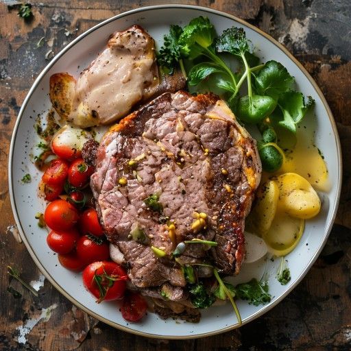 Rôti de veau juteux avec croûte de moutarde et légumes rôtis