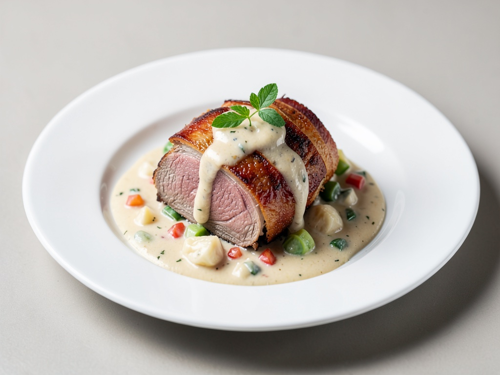 Braciola di vitello tenera con crosta di pancetta e salsa di verdure cremosa