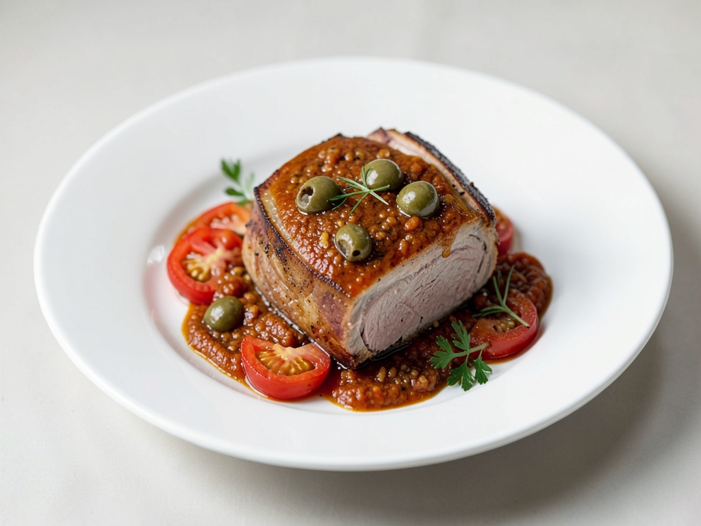 Braciola di vitello tenera in salsa di pomodori e olive speziate