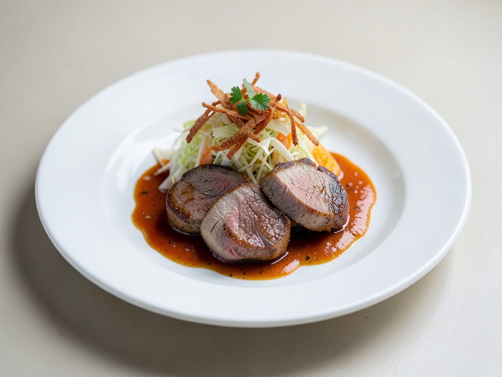 Tendres médaillons de veau avec chou chinois croustillant et sauce à l'orange