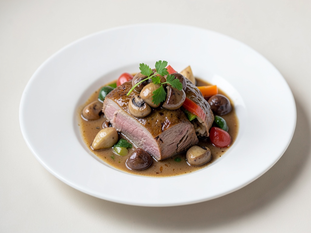 Ragout di vitello tenero con funghi champignon e verdure