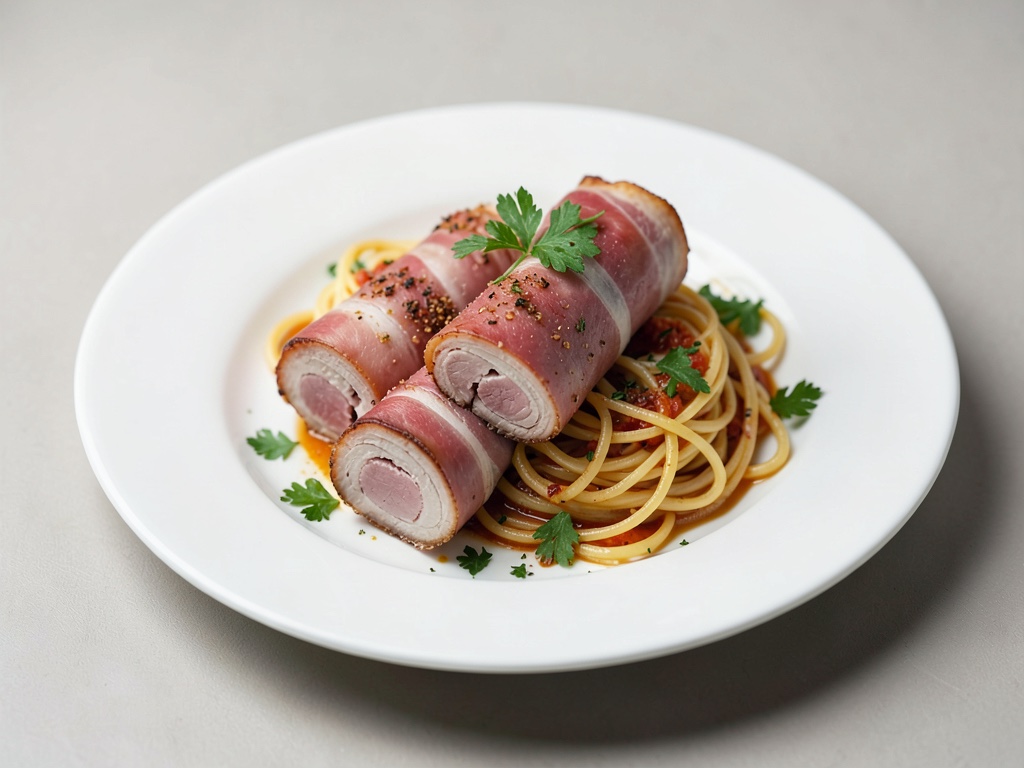 Kalbshaxe in Schinkenwickel mit Spaghetti