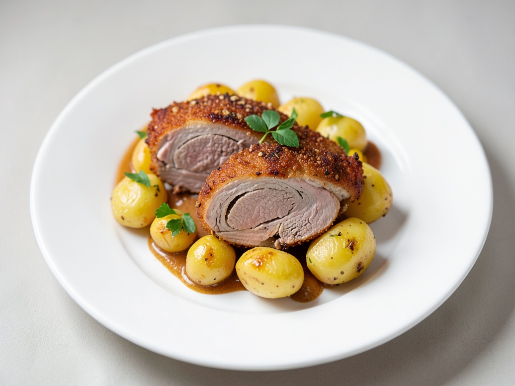 Roulés de veau croustillants avec des pommes de terre dorées