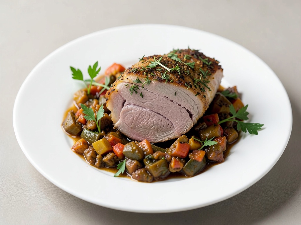 Rôti de veau avec croûte aux herbes et ratatouille
